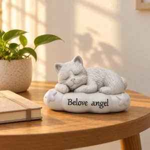 Sleeping pet cushion urn on indoor side table beside a notebook