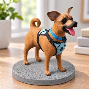 Custom Clay Pet Figurine from Your Photo with Base, displayed indoors
