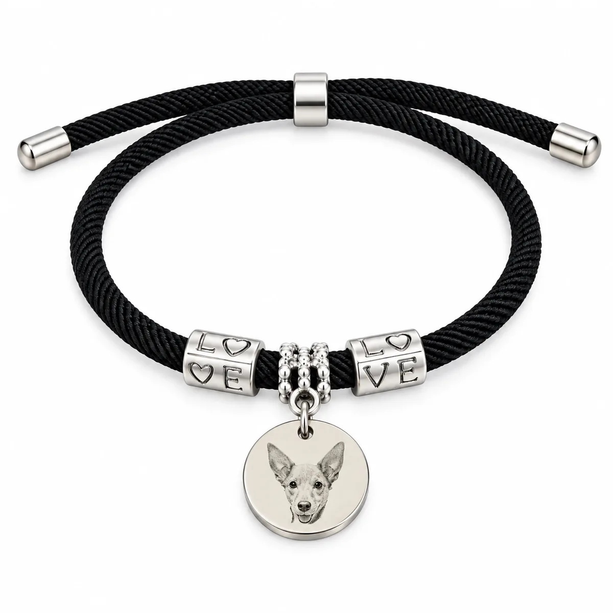 Personalized Pet Portrait Cord Bracelet with Engraving, black color