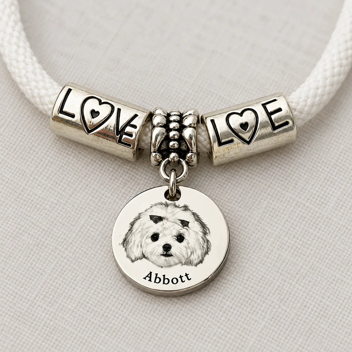 Personalized Pet Portrait Cord Bracelet with Engraving, close-up detail