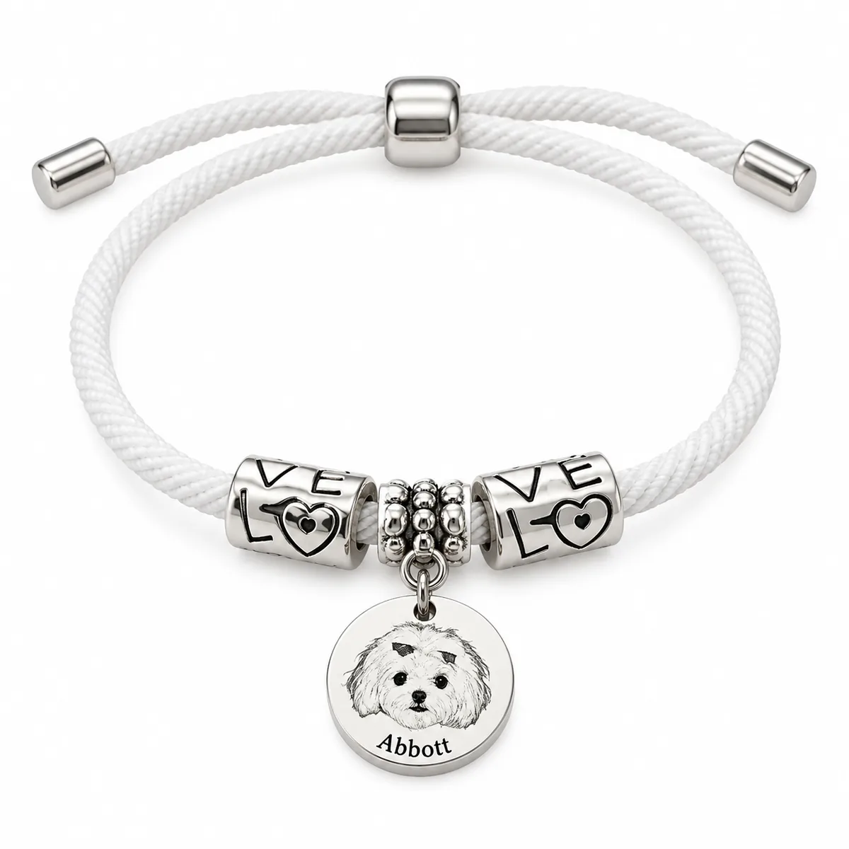 Personalized Pet Portrait Cord Bracelet with Engraving, front view