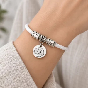 Personalized Pet Portrait Cord Bracelet with Engraving, worn view