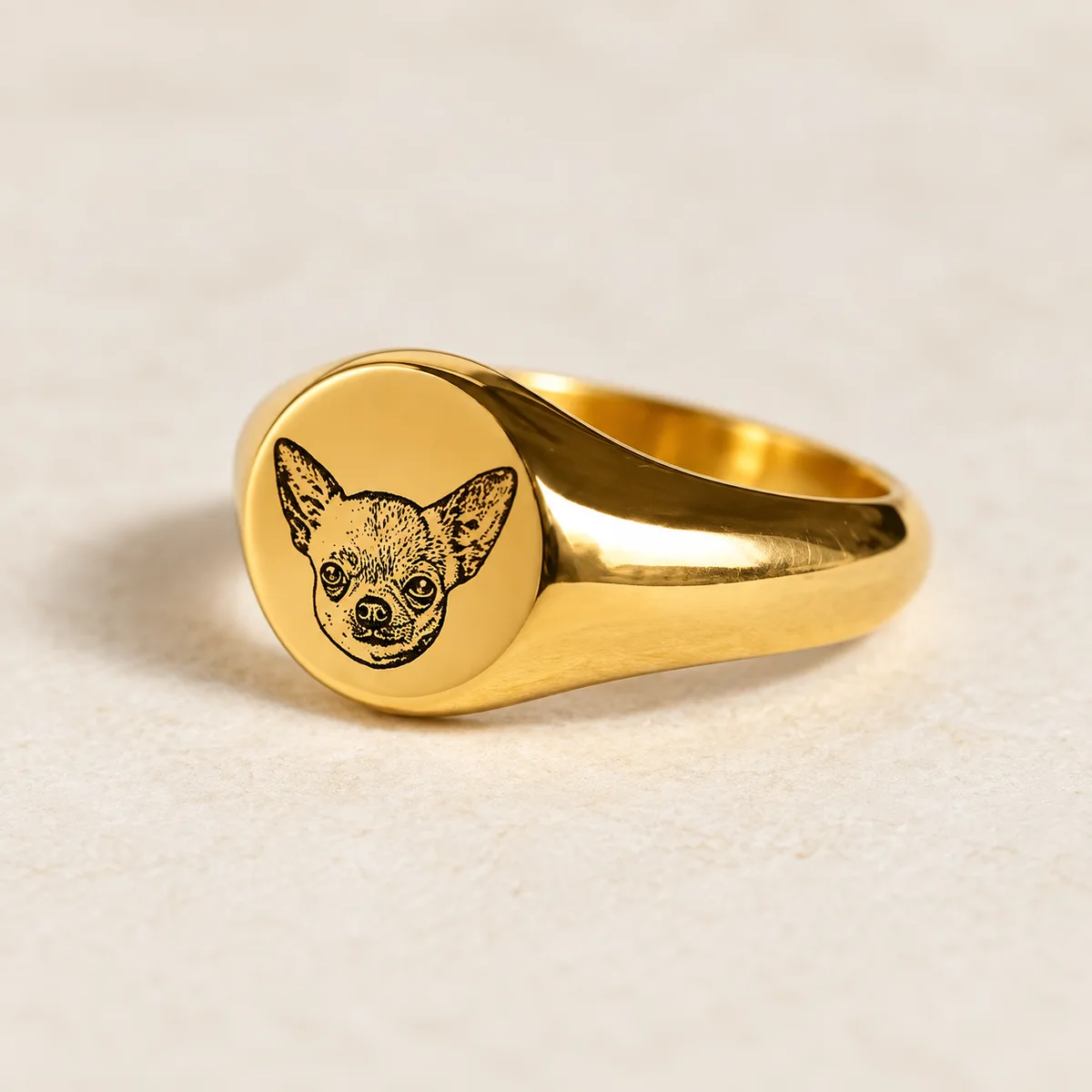 Custom Pet Portrait Signet Ring, close-up detail