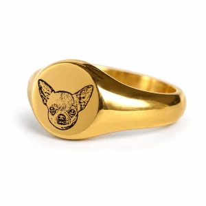 Custom Pet Portrait Signet Ring, front view on white
