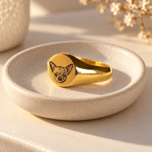Custom Pet Portrait Signet Ring, on a jewelry tray