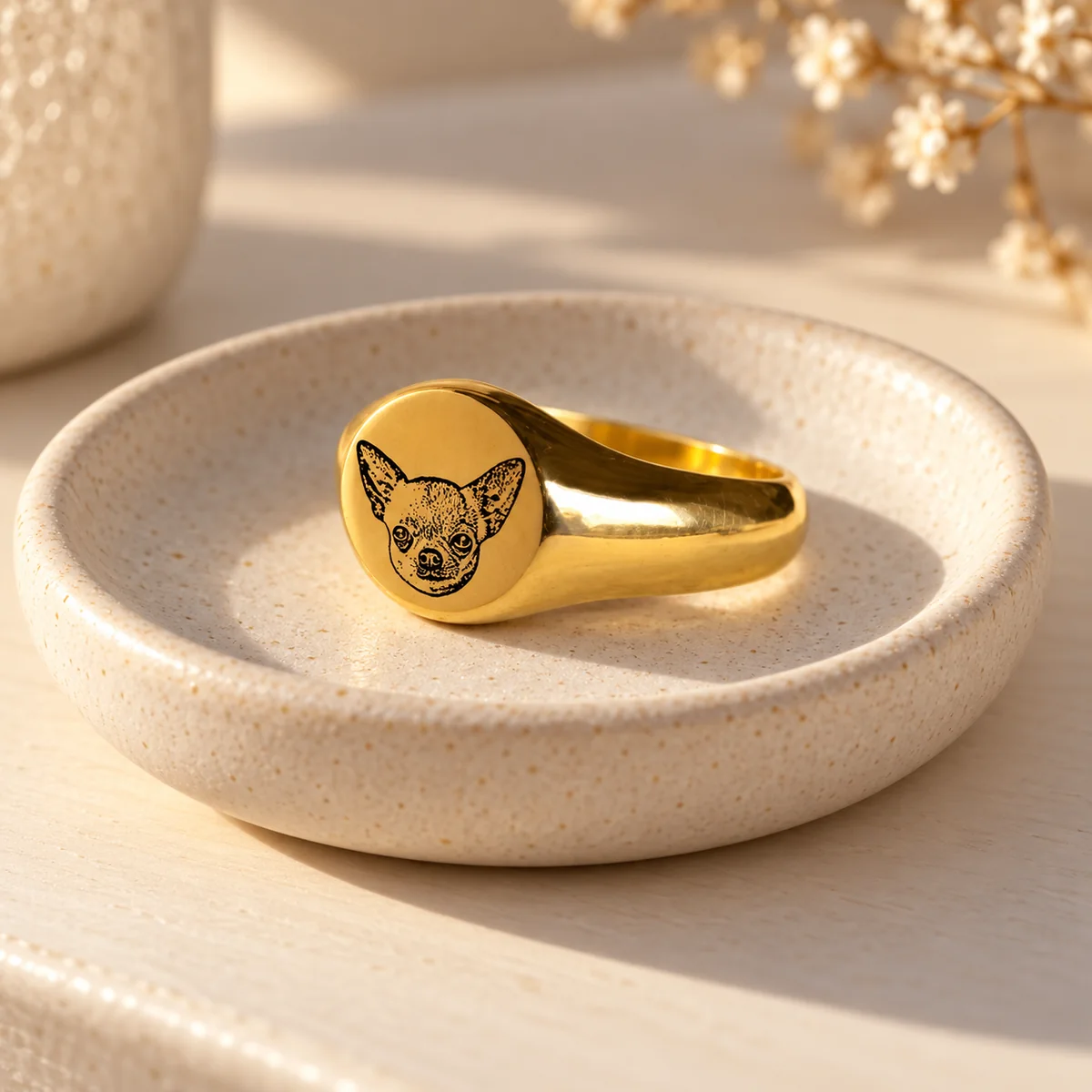 Custom Pet Portrait Signet Ring, on a jewelry tray