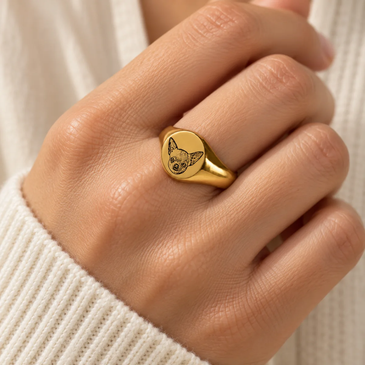 Custom Pet Portrait Signet Ring, worn on an adult