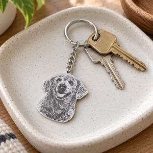 Custom Pet Photo Silhouette Memorial Keychain, attached to keys