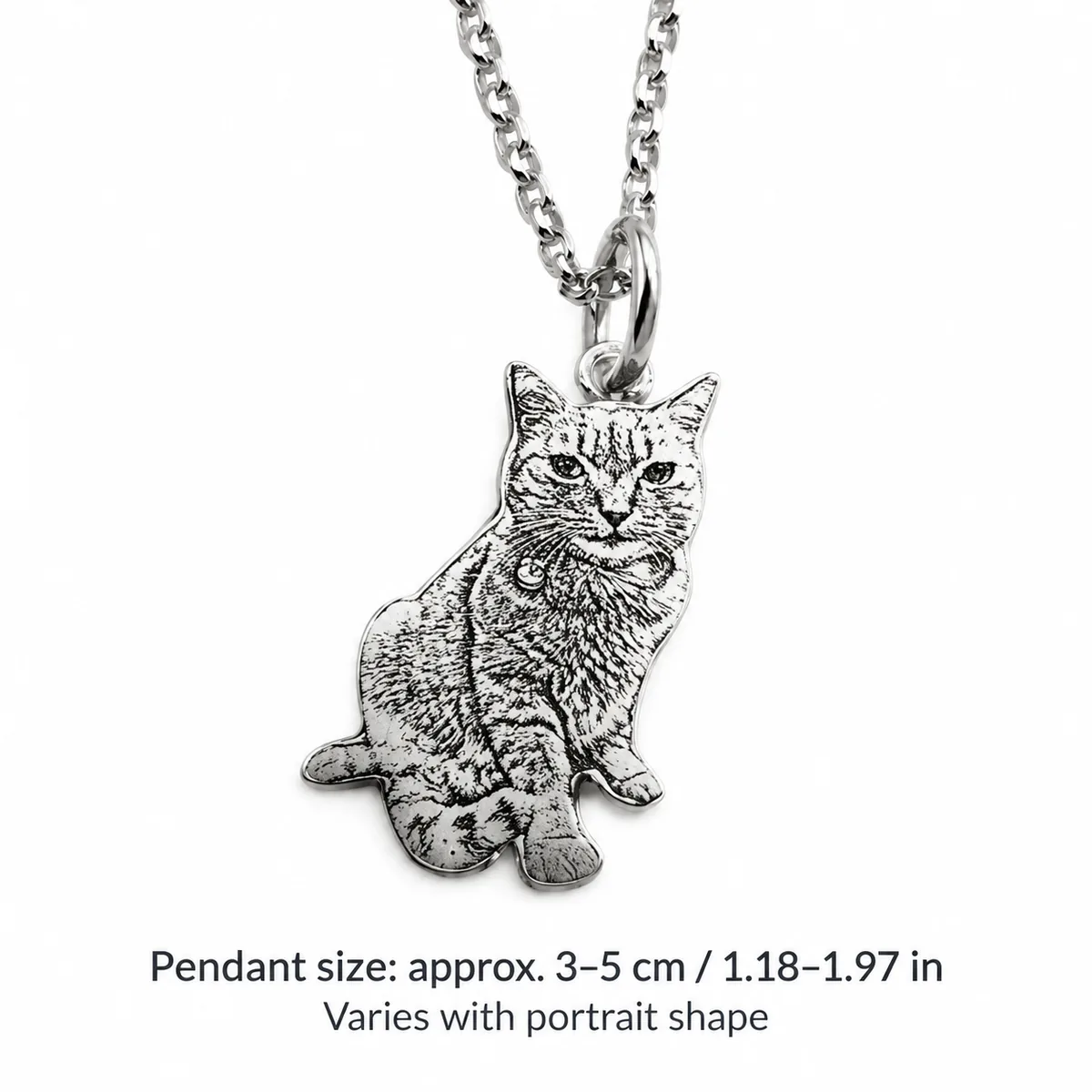 Custom Pet Photo Silhouette Pendant Necklace, dimensions in centimeters and inches