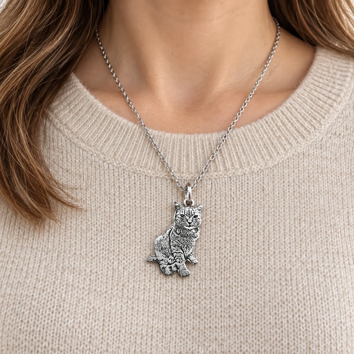 Custom Pet Photo Silhouette Pendant Necklace, worn view