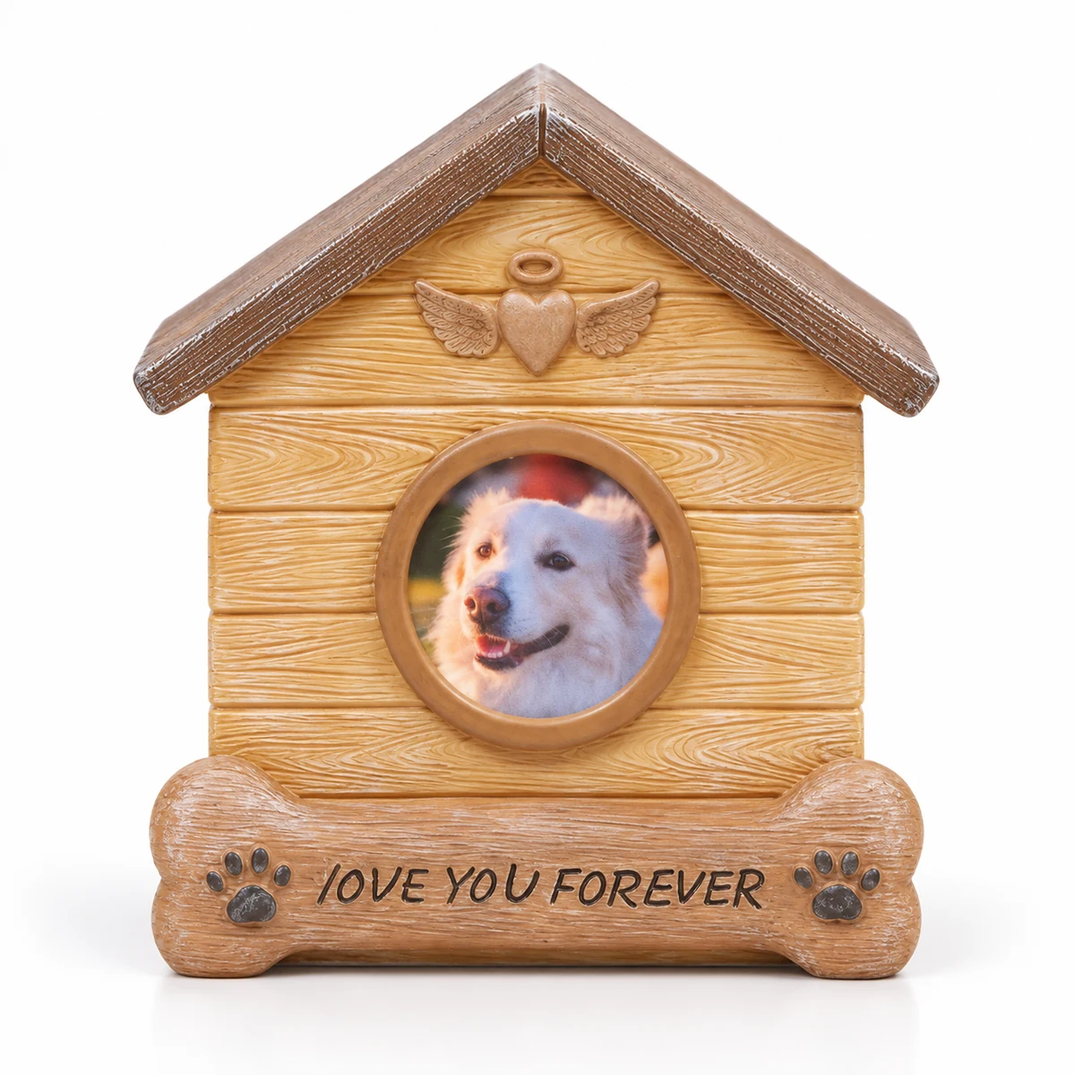 Front view of the dog house urn with a winged heart above the photo frame