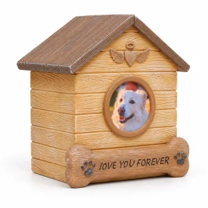 Dog house pet urn with a round photo frame and bone-shaped memorial plaque