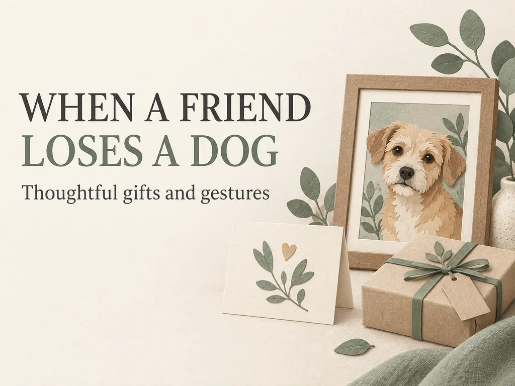 Illustrated dog portrait, sympathy card and small gift beside the words When a friend loses a dog.