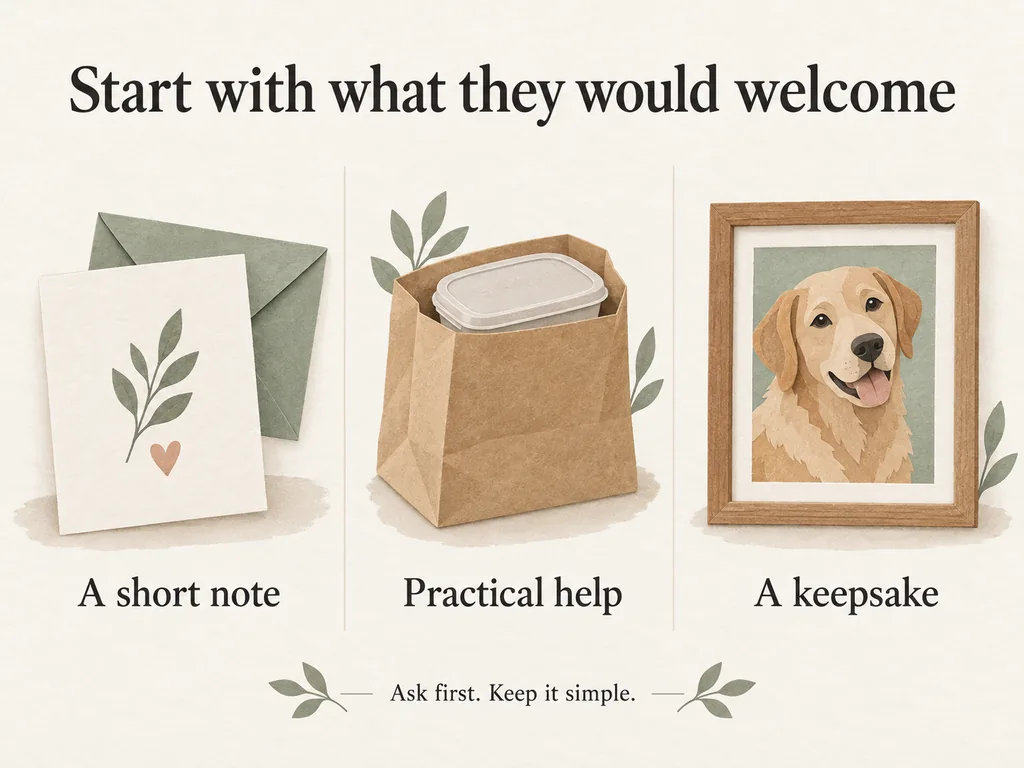 Three possible gestures: a short note, practical help and a photo keepsake.