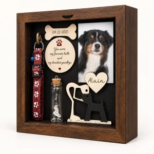 Dog memorial shadow box frame from a slight angle showing its depth