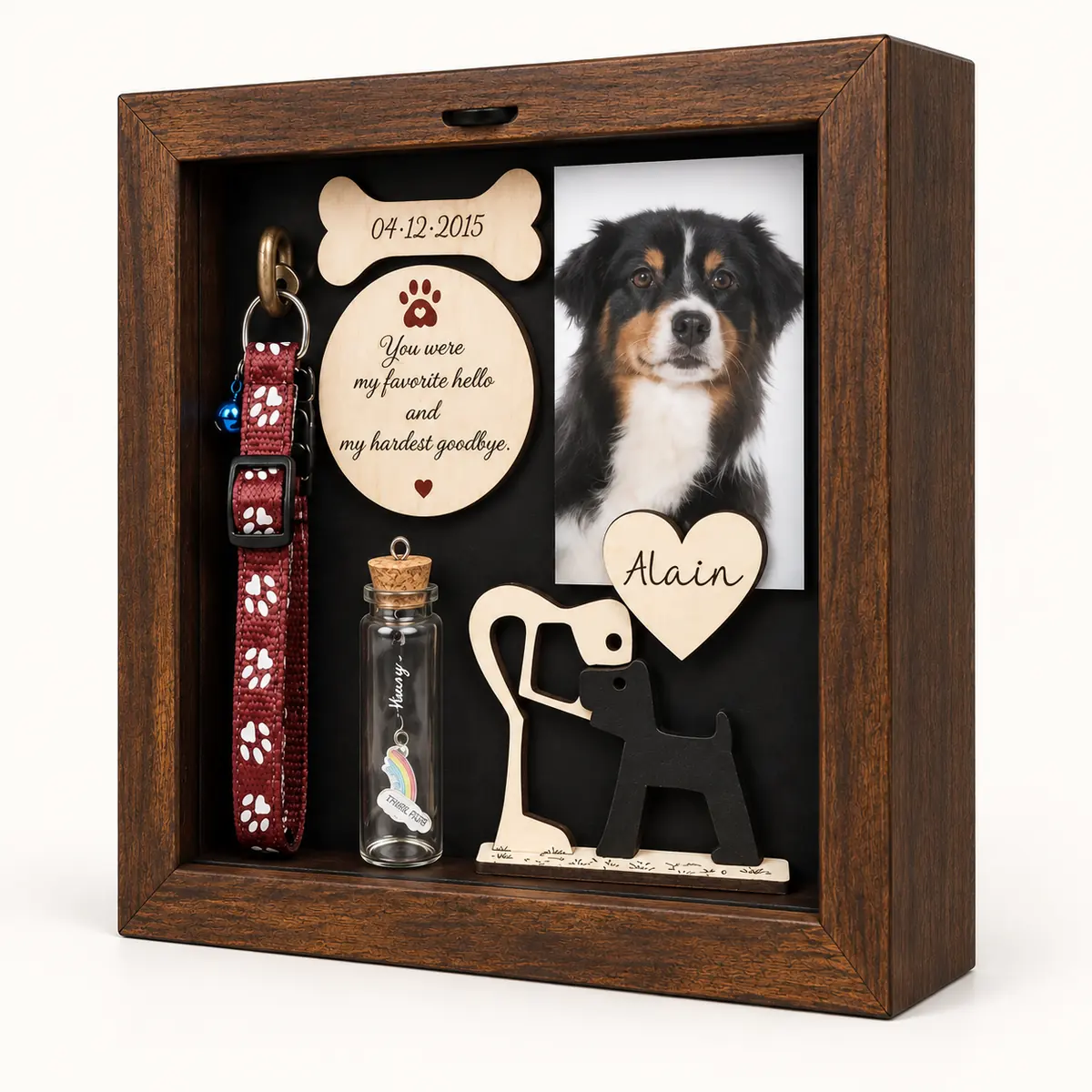 Dog memorial shadow box frame from a slight angle showing its depth
