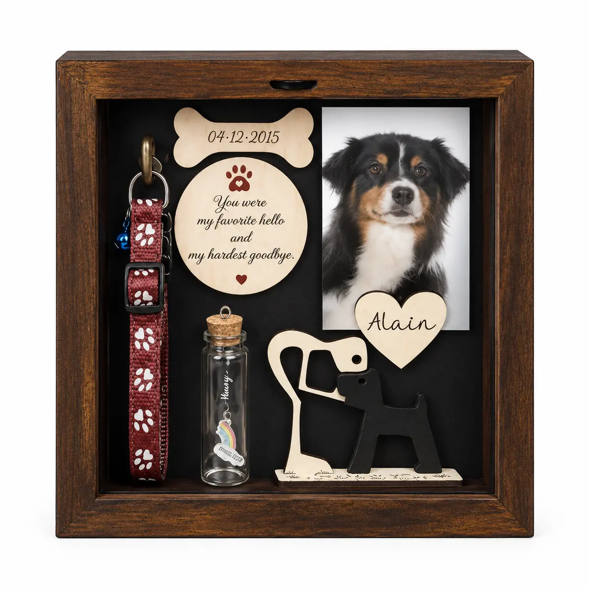 Dog memorial shadow box frame with dog photo, collar and keepsakes on a white background