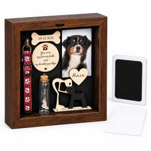 Dog memorial shadow box with paw impression kit viewed from a slight angle