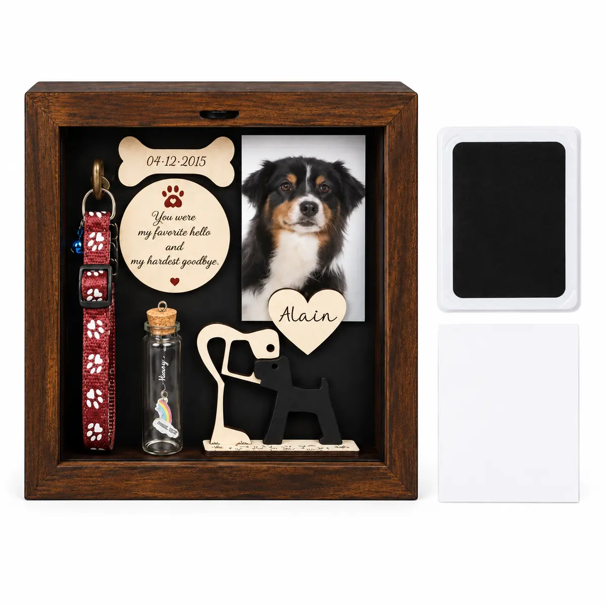 Dog memorial shadow box with separate unused paw impression pad and blank card