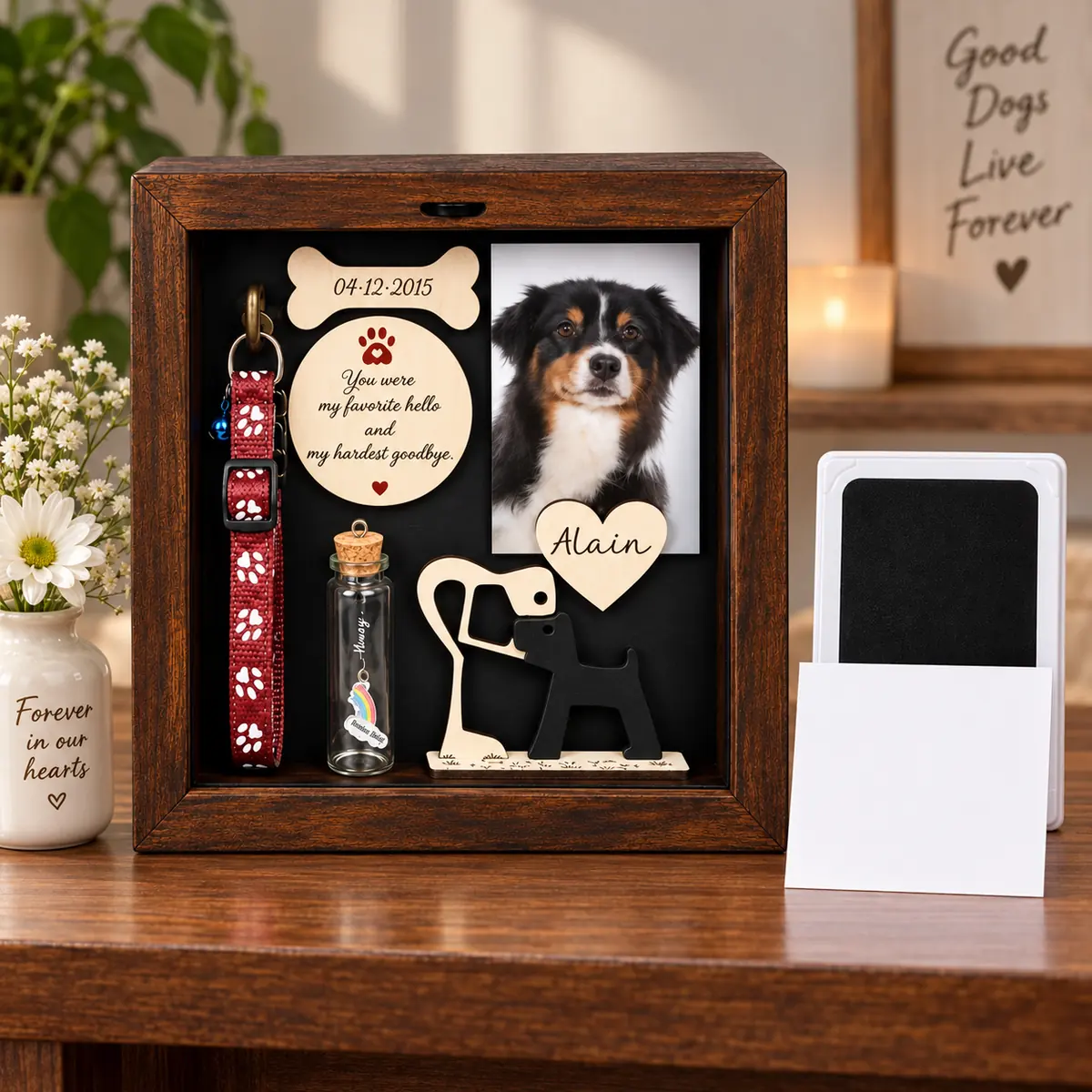 Dog memorial shadow box and unused paw impression kit displayed on an indoor shelf