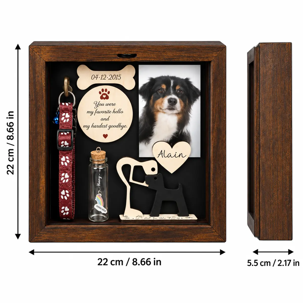 Dog memorial shadow box exterior dimensions: 22 cm wide, 22 cm high and 5.5 cm deep