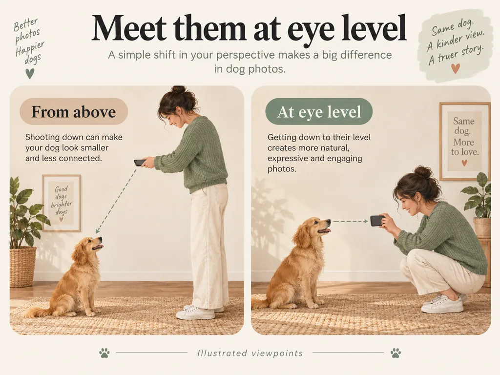 Illustration of a person photographing a dog from above and then crouching at eye level.