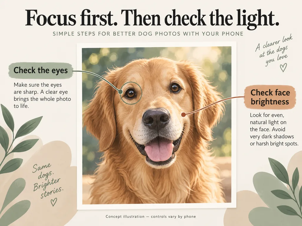 Concept illustration marking a dog's eye and face as areas to check for focus and brightness.
