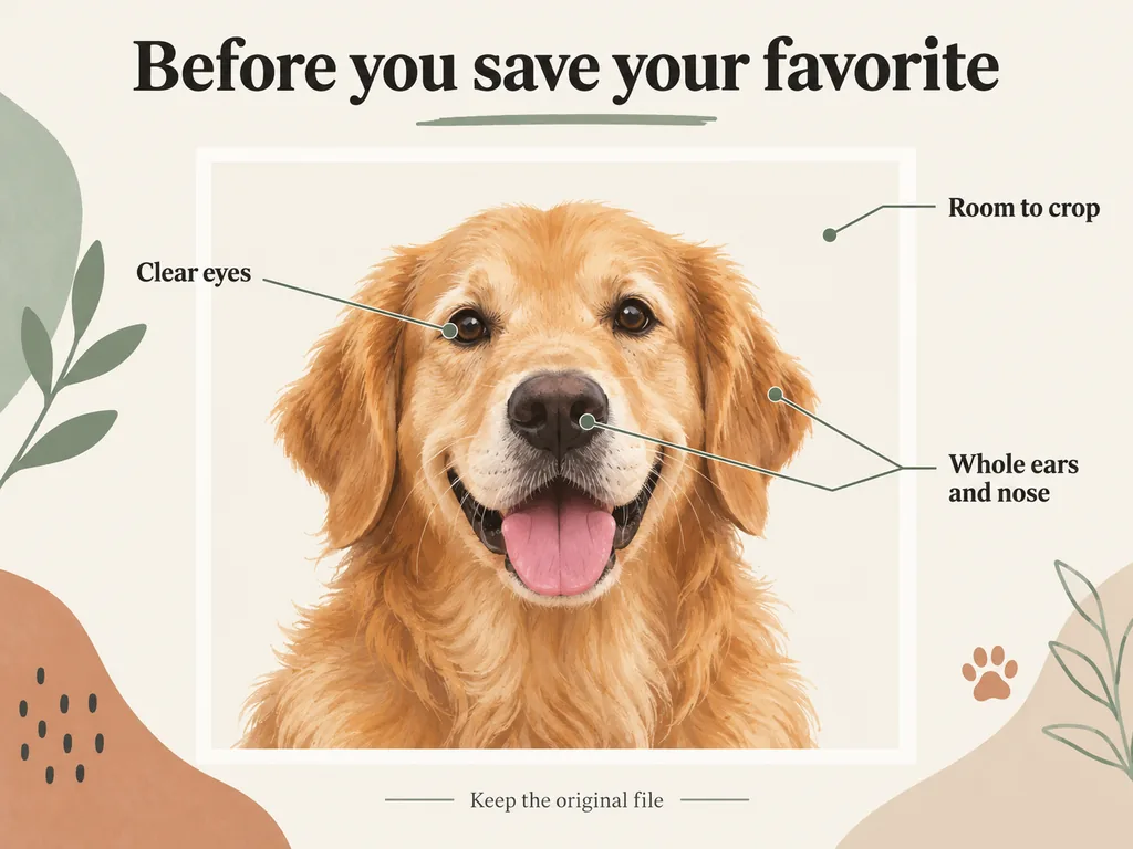 Illustrated dog portrait with callouts for clear eyes, complete ears and nose, and room to crop.