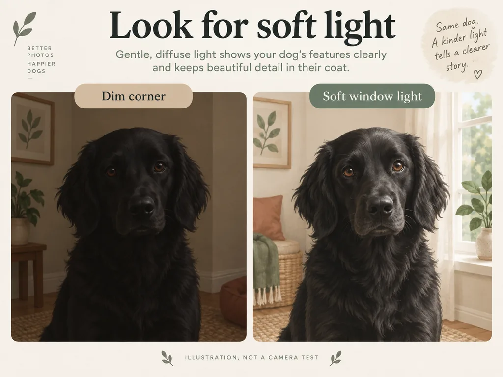 Illustration comparing a black dog's face in a dim corner and soft window light.