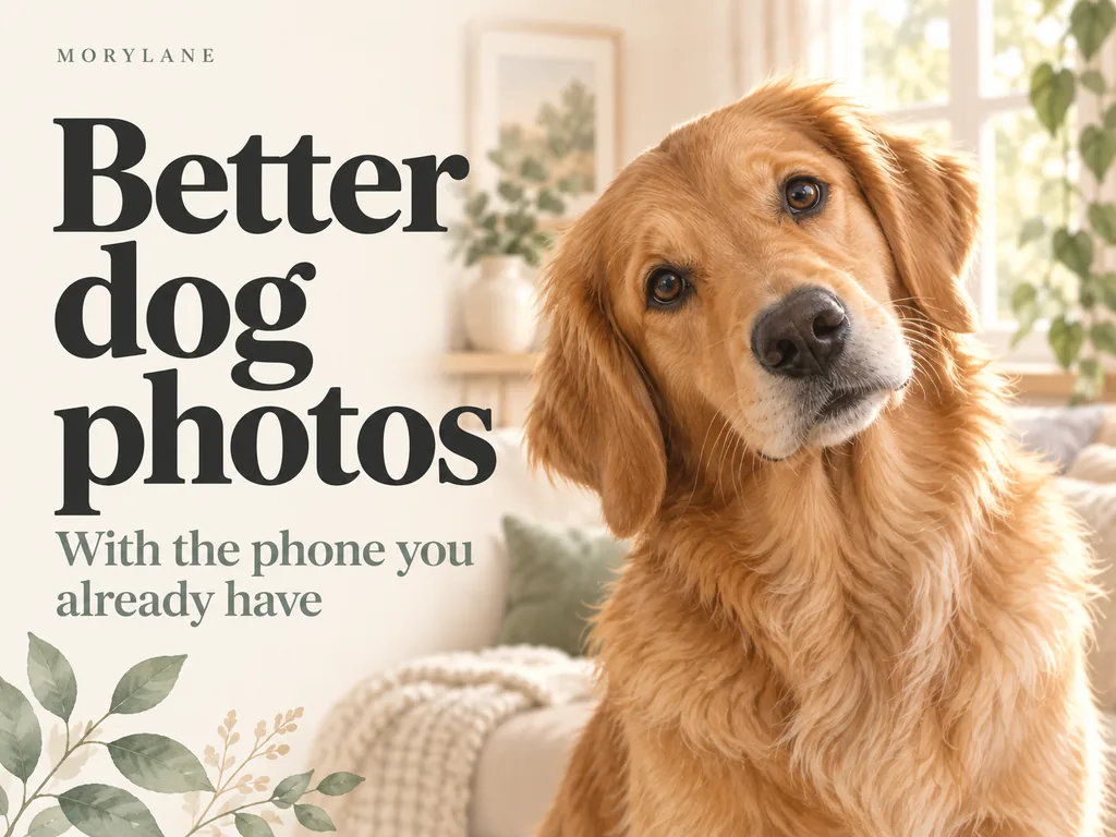 Illustrated golden dog beside the words Better dog photos, with the phone you already have.