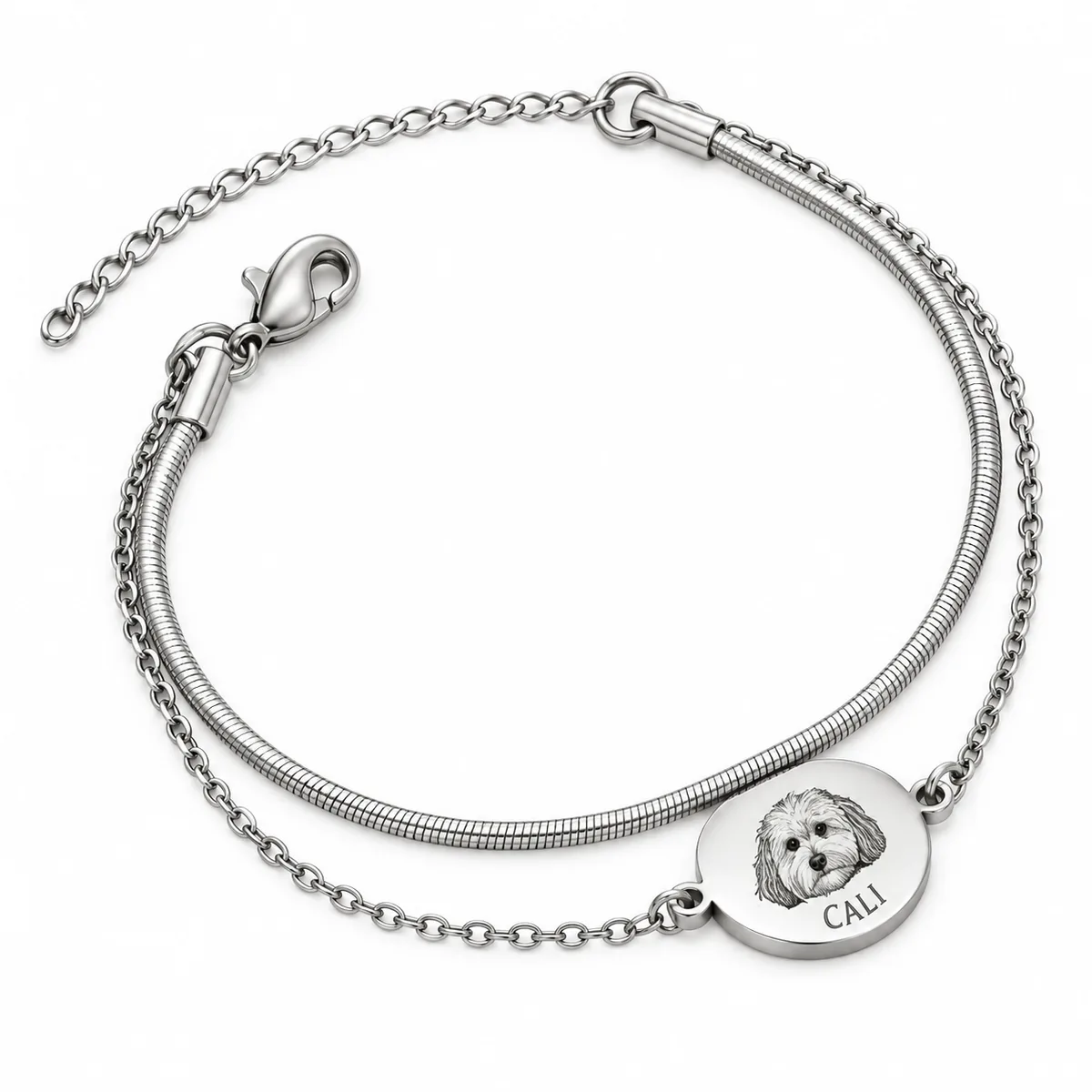 Personalized Pet Portrait Bracelet with Double Chain, clasp detail