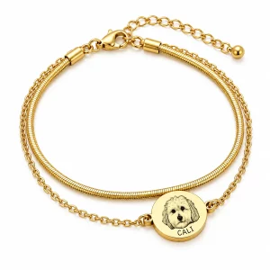 Personalized Pet Portrait Bracelet with Double Chain, gold color