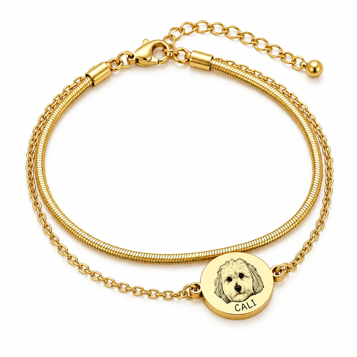 Personalized Pet Portrait Bracelet with Double Chain, gold color