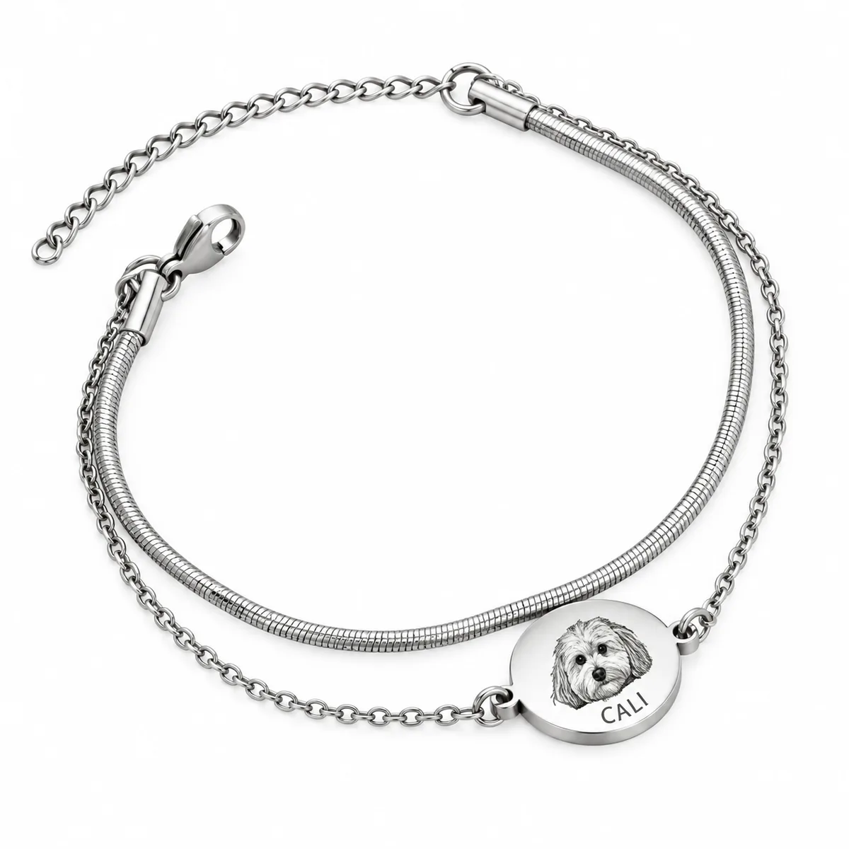 Personalized Pet Portrait Bracelet with Double Chain, front view