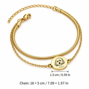 Personalized Pet Portrait Bracelet with Double Chain, dimensions in centimeters and inches