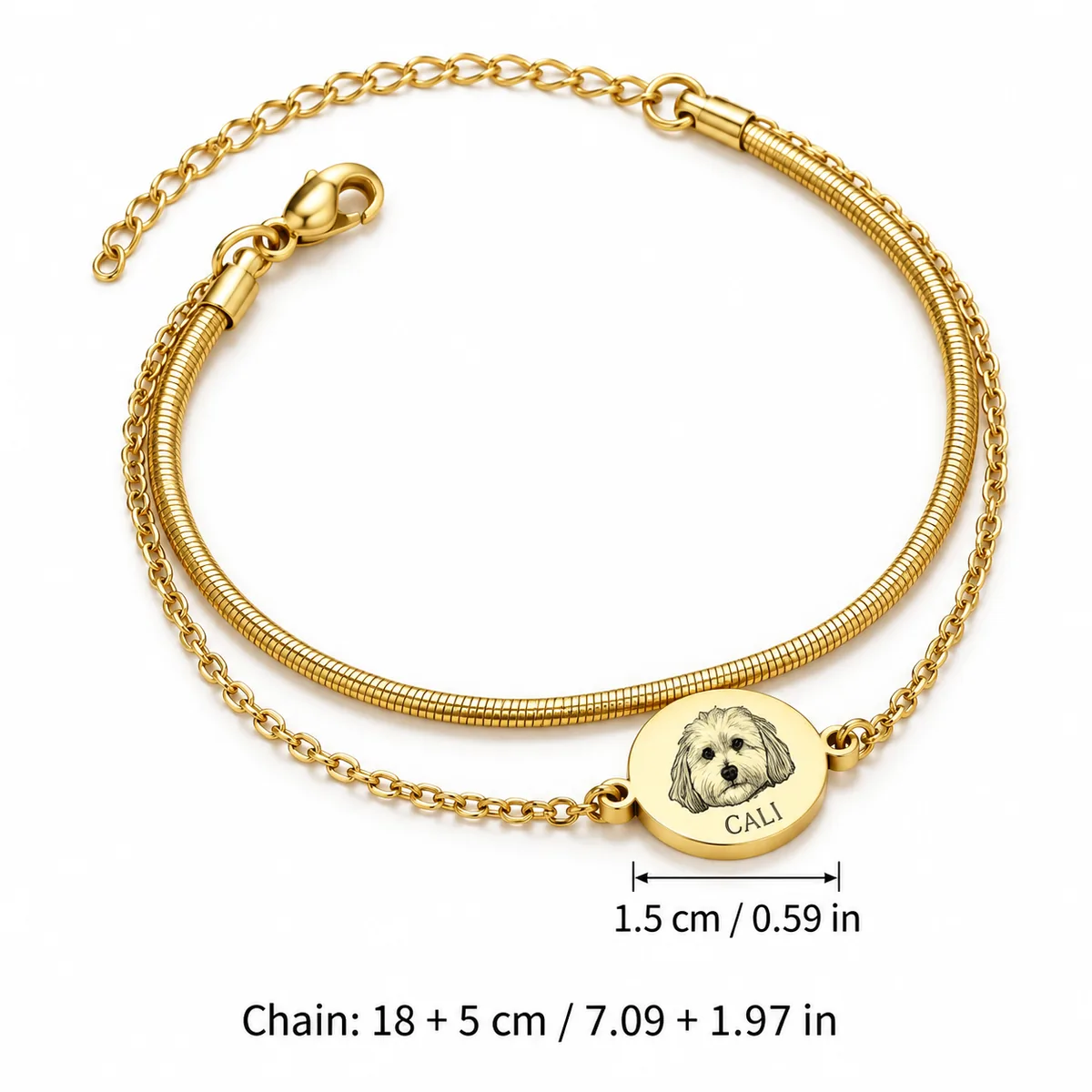 Personalized Pet Portrait Bracelet with Double Chain, dimensions in centimeters and inches