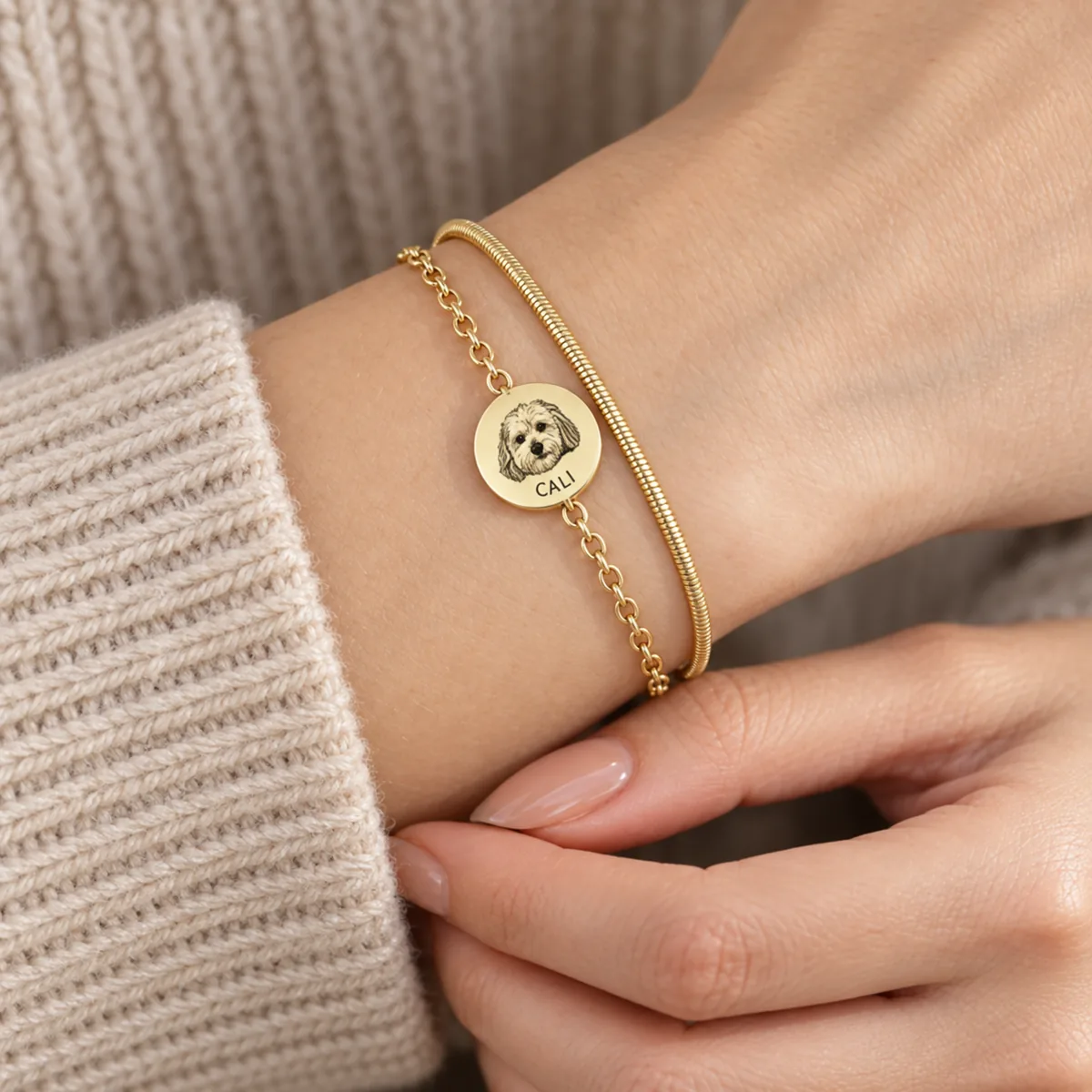 Personalized Pet Portrait Bracelet with Double Chain, worn view