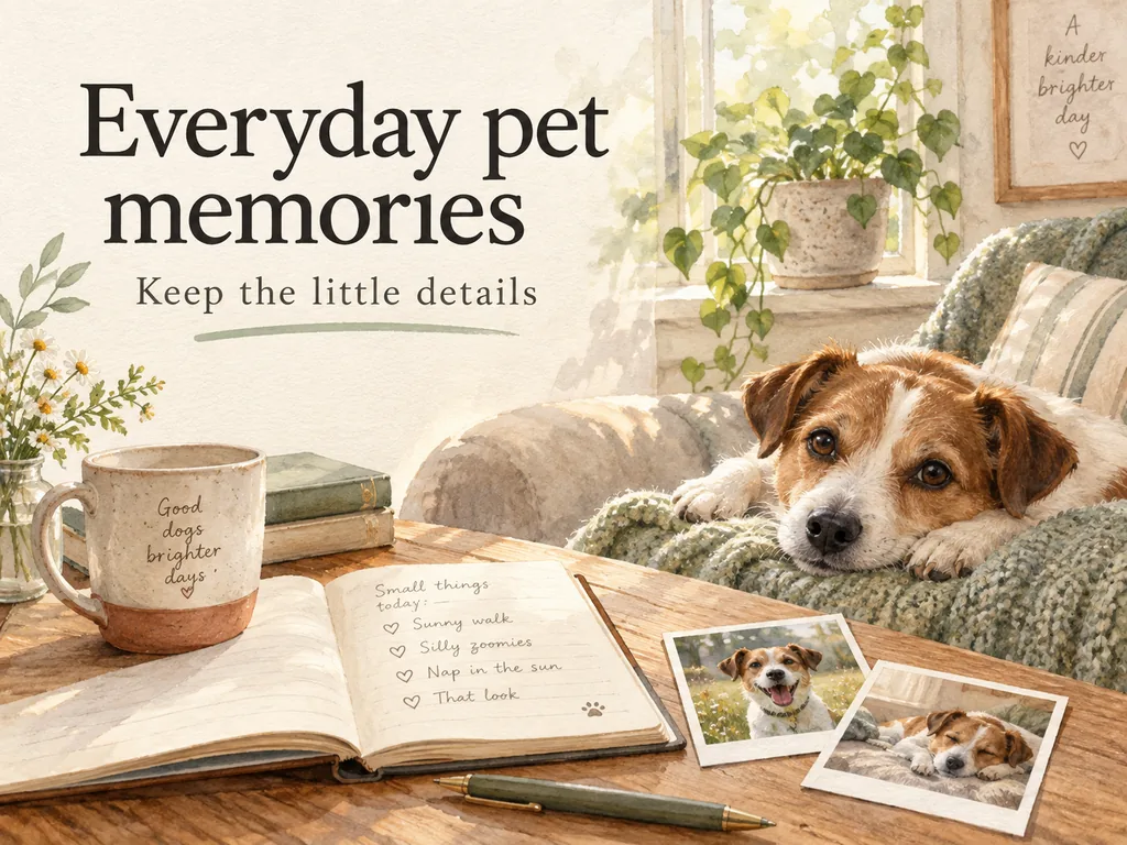 A dog rests beside a window near a notebook and small photographs under the title Everyday pet memories.