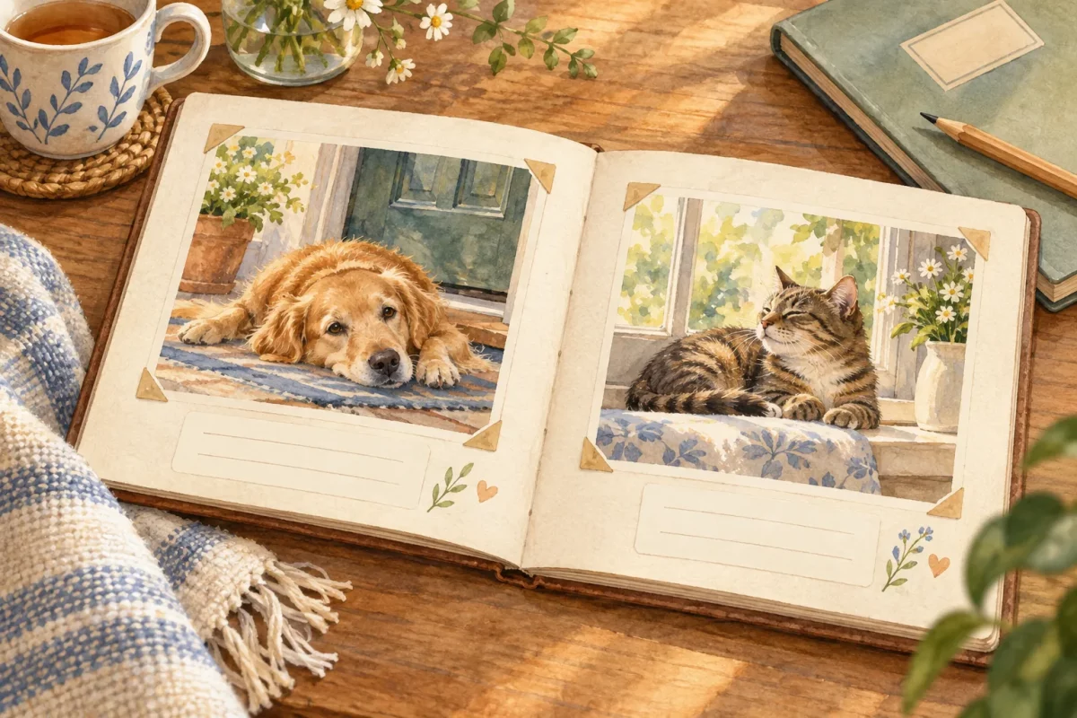 Editorial illustration of an album with everyday dog and cat photographs and space for notes.