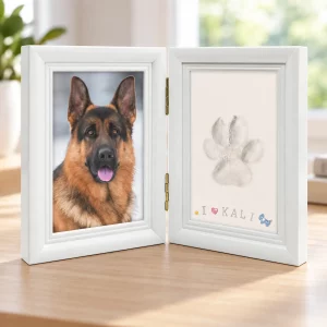 Two-Fold Pet Paw Print and Photo Memorial Frame, displayed indoors