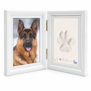 Two-Fold Pet Paw Print and Photo Memorial Frame, front view on white