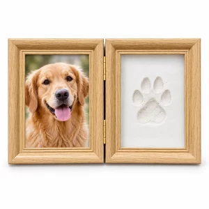 Two-Fold Pet Paw Print and Photo Memorial Frame, natural wood-color finish