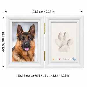 Two-Fold Pet Paw Print and Photo Memorial Frame, dimensions in centimeters and inches