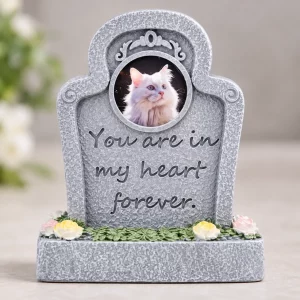 Forever in My Heart pet memorial plaque, tall gray curled-top plaque with round sample cat portrait, angled product view