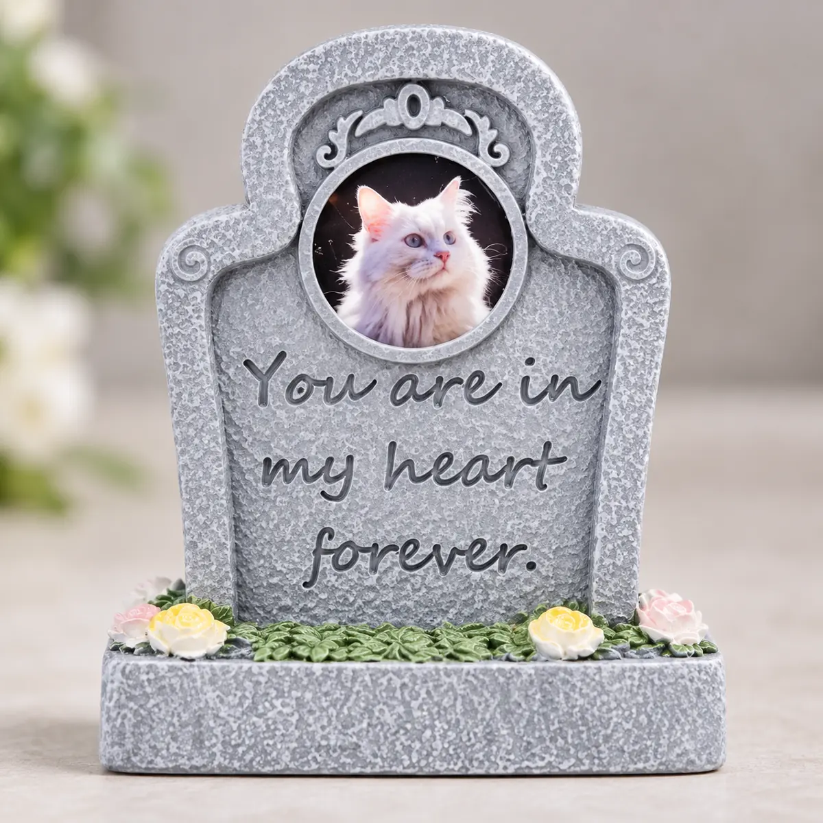 Forever in My Heart pet memorial plaque, tall gray curled-top plaque with round sample cat portrait, angled product view