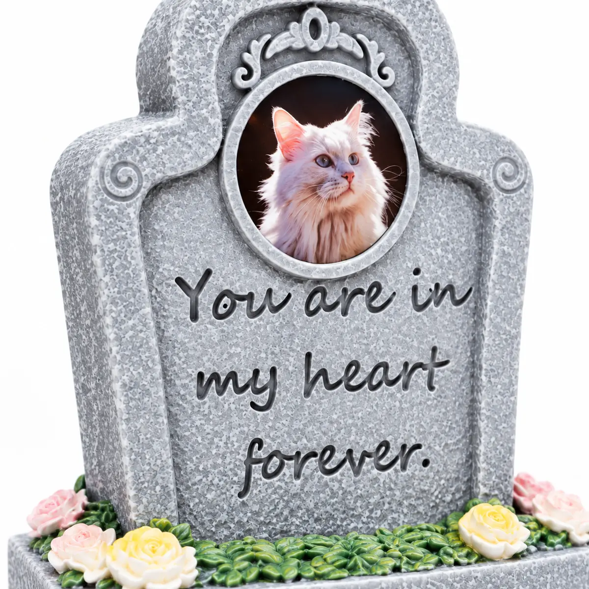 Forever in My Heart pet memorial plaque, tall gray curled-top plaque with round sample cat portrait, close detail view