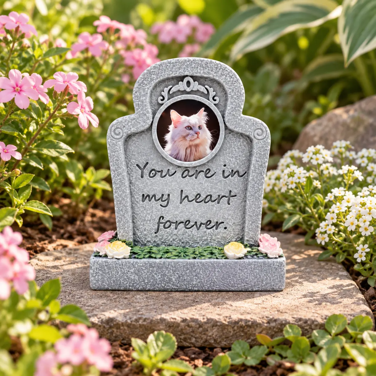 Forever in My Heart pet memorial plaque, on a flat garden paver beside flowers, garden setting