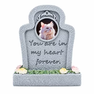 Forever in My Heart pet memorial plaque, tall gray curled-top plaque with round sample cat portrait, front product view