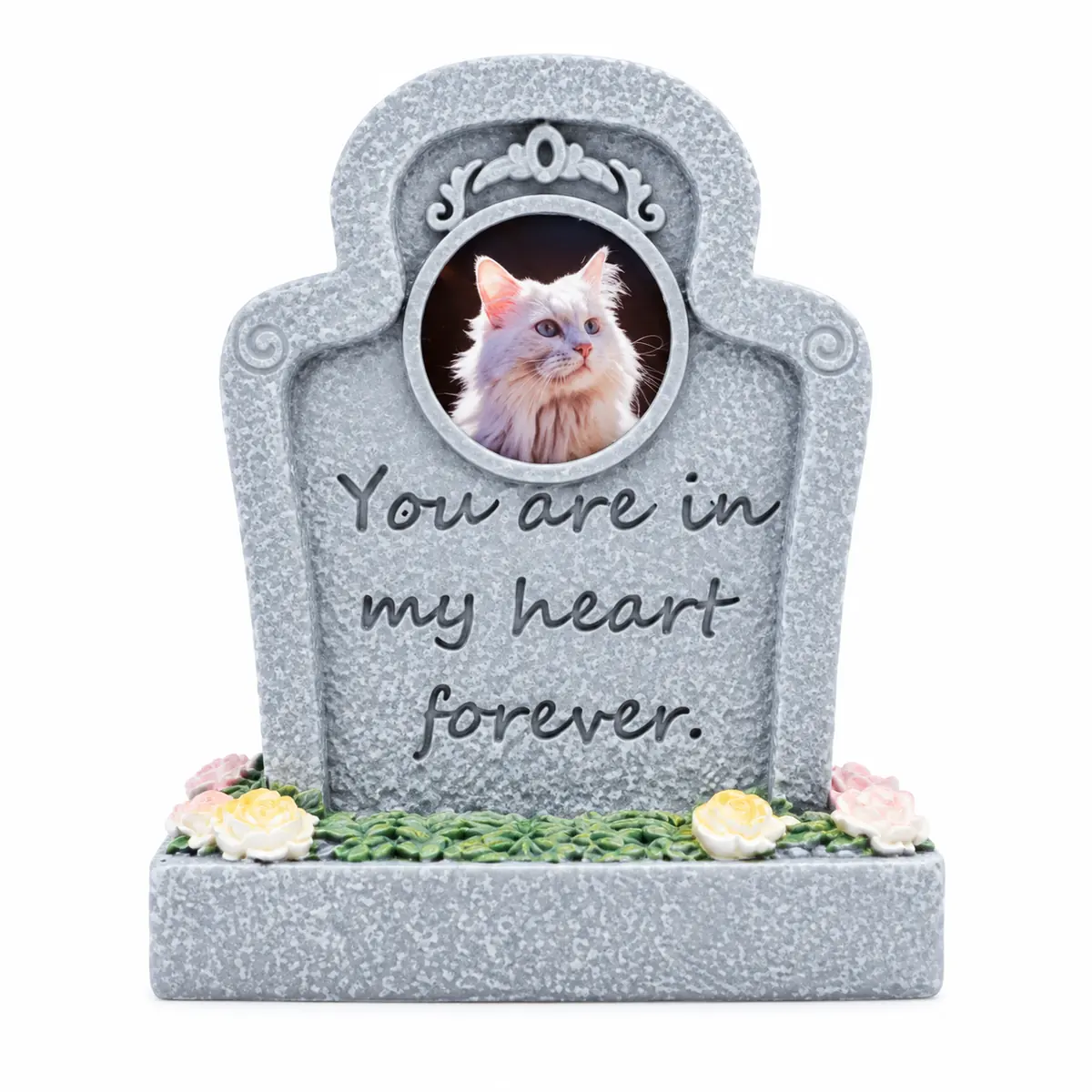 Forever in My Heart pet memorial plaque, tall gray curled-top plaque with round sample cat portrait, front product view