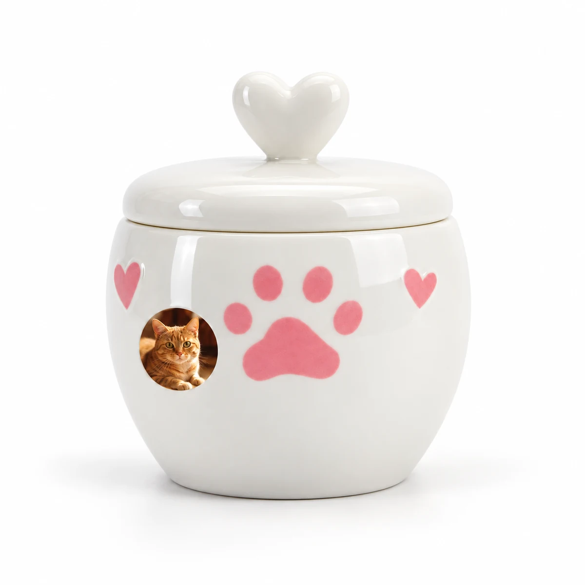Heart-lid ceramic urn with pink paw and small sample cat portrait